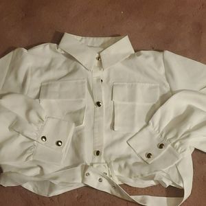 White long sleeved belted mid length shirt